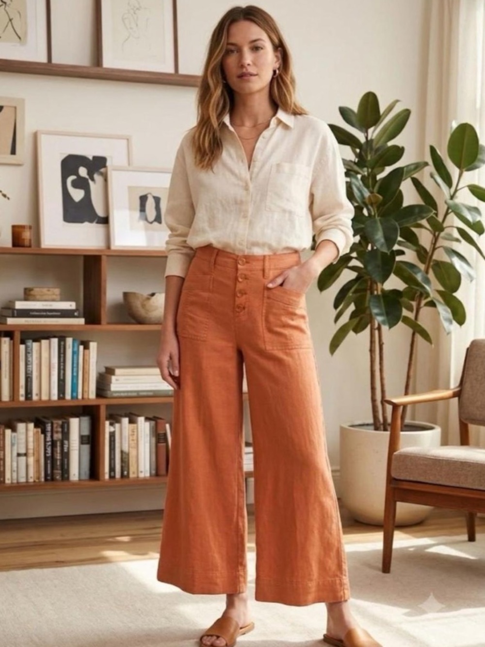 Evereve Joelle Stretch Linen Pants in Terracotta - Picture 2 of 7
